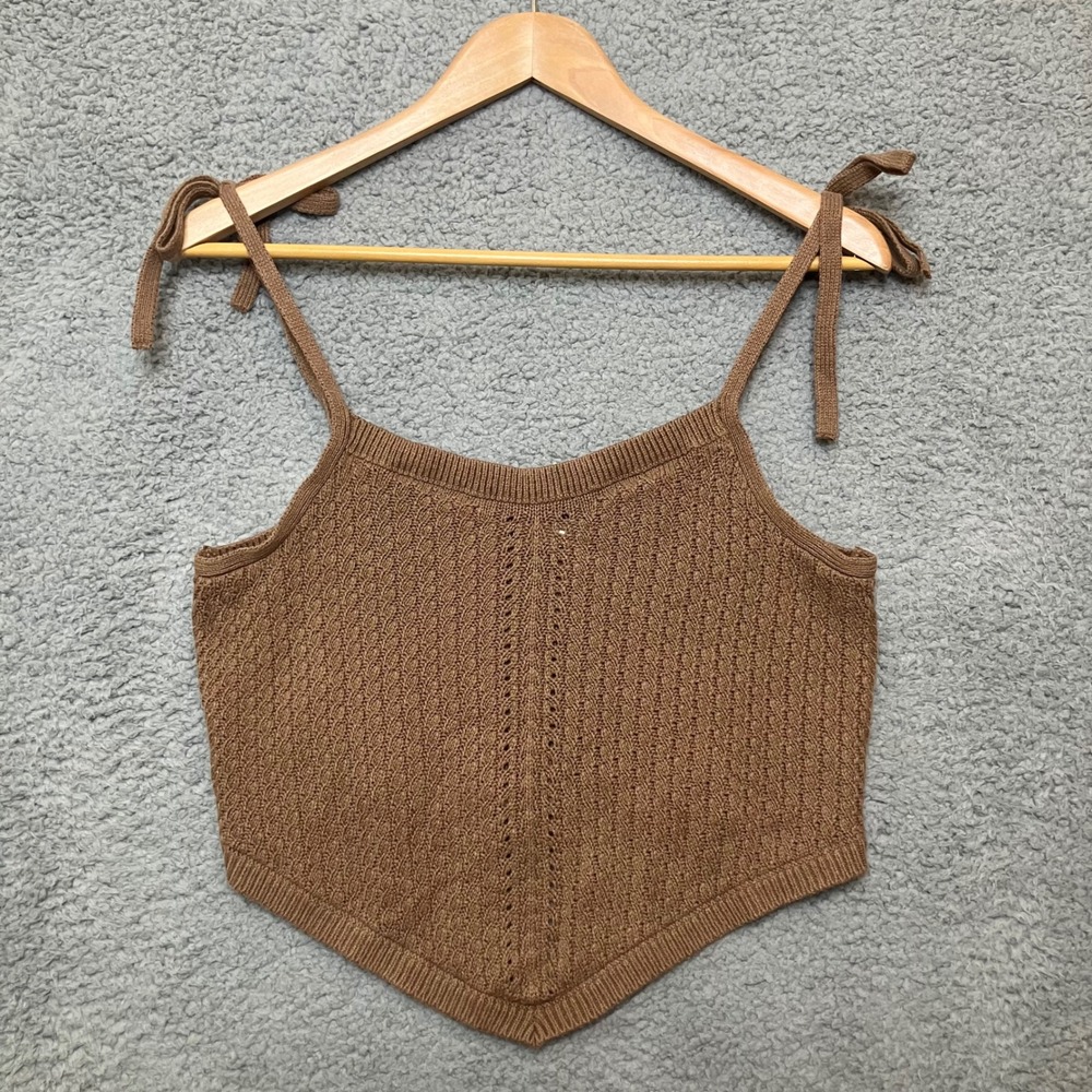Y2K VTG SO‎ Crop Top Juniors L Brown Open Knit Crochet Tie Shoulder Handkerchief